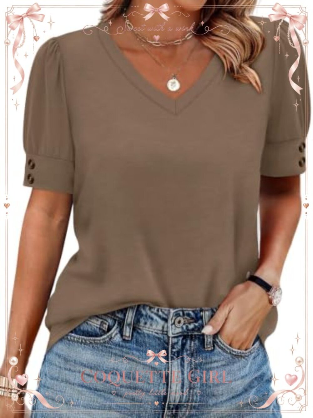 Womens V-Neck Puff Sleeve Button Top Dressy Casual Summer Shirt